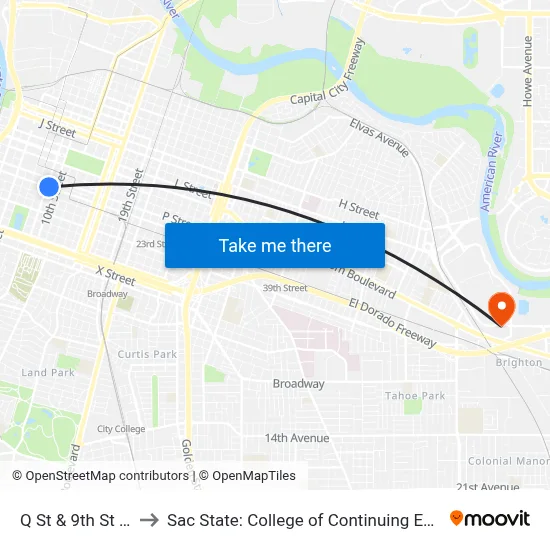 Q St & 9th St (EB) to Sac State: College of Continuing Education map