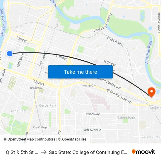 Q St & 5th St (EB) to Sac State: College of Continuing Education map