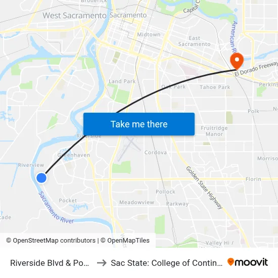 Riverside Blvd & Pocket Rd (EB) to Sac State: College of Continuing Education map