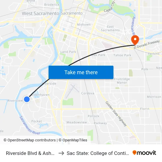 Riverside Blvd & Ashore Way (WB) to Sac State: College of Continuing Education map