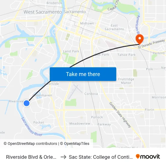 Riverside Blvd & Orleans Way (WB) to Sac State: College of Continuing Education map