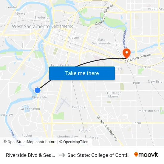 Riverside Blvd & Seamas Ave (SB) to Sac State: College of Continuing Education map