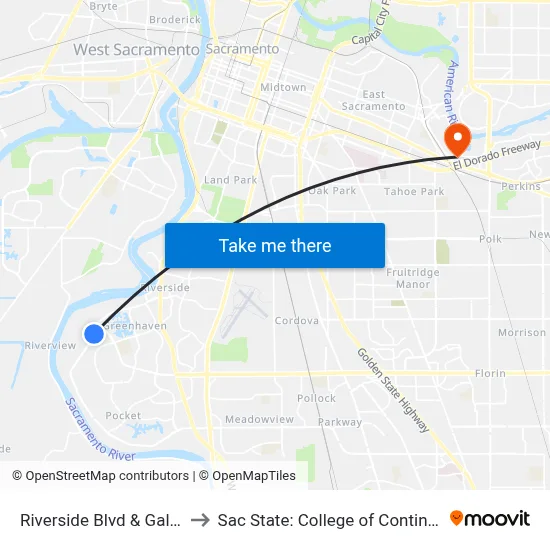 Riverside Blvd & Galley Ct (WB) to Sac State: College of Continuing Education map