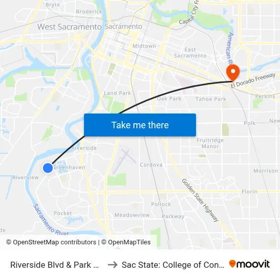 Riverside Blvd & Park Riviera Way (WB) to Sac State: College of Continuing Education map