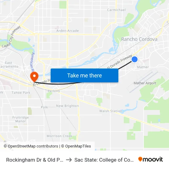 Rockingham Dr & Old Placerville Rd (EB) to Sac State: College of Continuing Education map