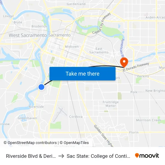 Riverside Blvd & Derick Way (SB) to Sac State: College of Continuing Education map