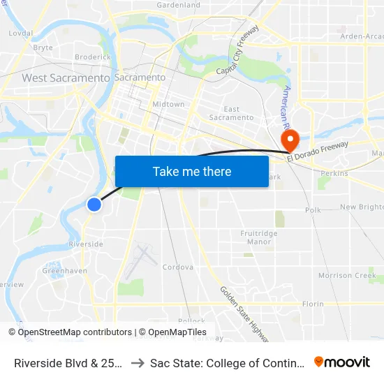 Riverside Blvd & 25th Ave (SB) to Sac State: College of Continuing Education map