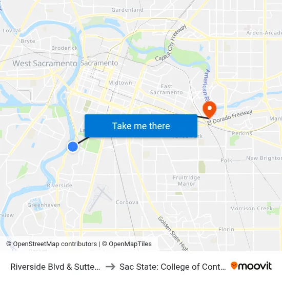 Riverside Blvd & Sutterville Rd 2 (SB) to Sac State: College of Continuing Education map