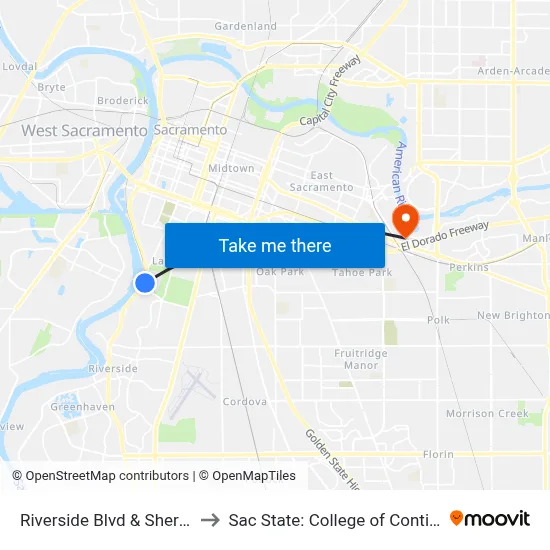 Riverside Blvd & Sherburn Ave (SB) to Sac State: College of Continuing Education map