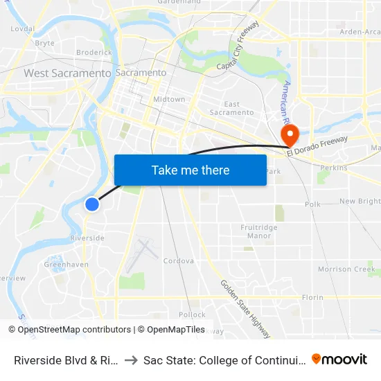 Riverside Blvd & Rio Ln (SB) to Sac State: College of Continuing Education map