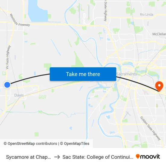 Sycamore at Chaparral (SB) to Sac State: College of Continuing Education map