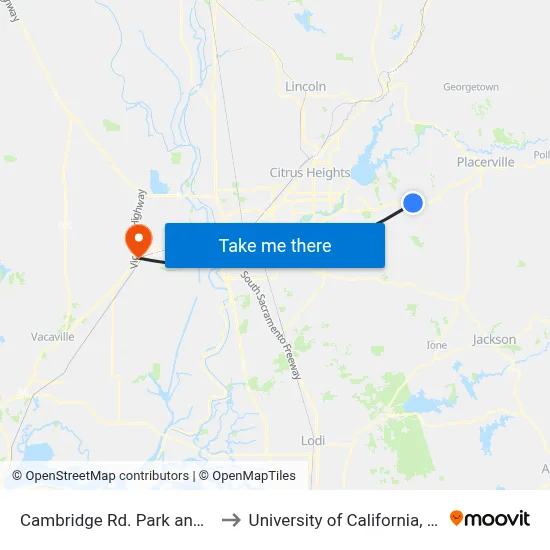 Cambridge Rd. Park and Ride to University of California, Davis map