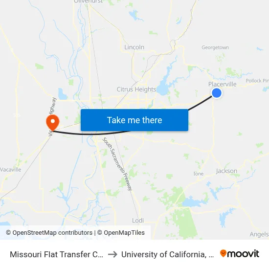 Missouri Flat Transfer Center to University of California, Davis map