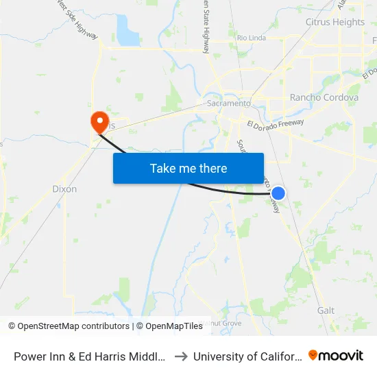 Power Inn & Ed Harris Middle School (EB) to University of California, Davis map