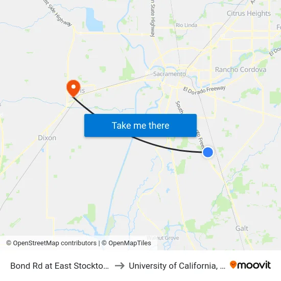 Bond Rd at East Stockton Blvd to University of California, Davis map