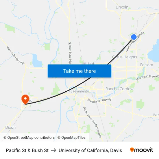 Pacific St & Bush St to University of California, Davis map