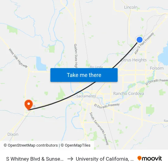 S Whitney Blvd & Sunset Blvd to University of California, Davis map