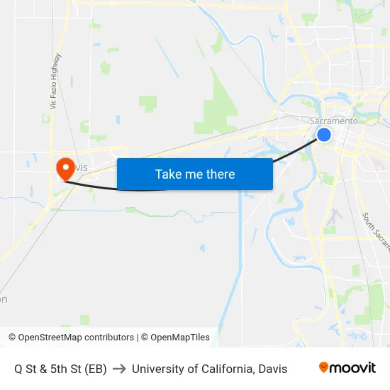 Q St & 5th St (EB) to University of California, Davis map