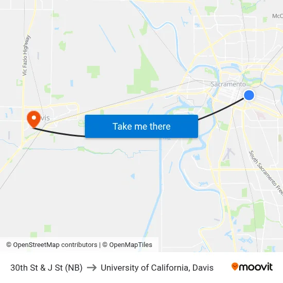 30th St & J St (NB) to University of California, Davis map