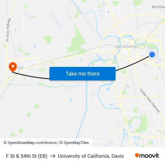 F St & 54th St (EB) to University of California, Davis map