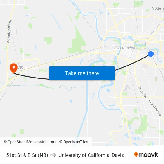 51st St & B St (NB) to University of California, Davis map