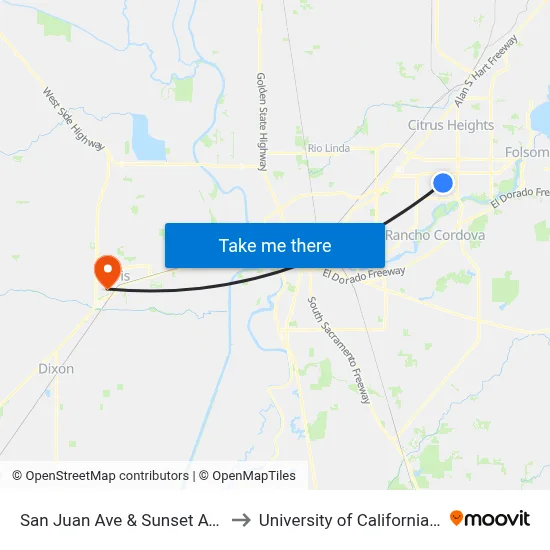 San Juan Ave & Sunset Ave (NB) to University of California, Davis map