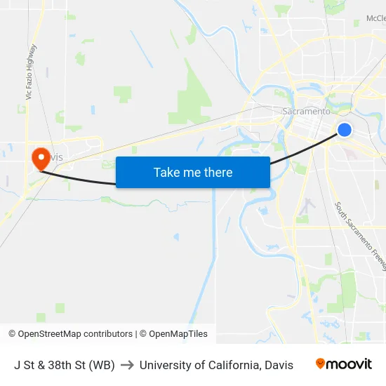 J St & 38th St (WB) to University of California, Davis map