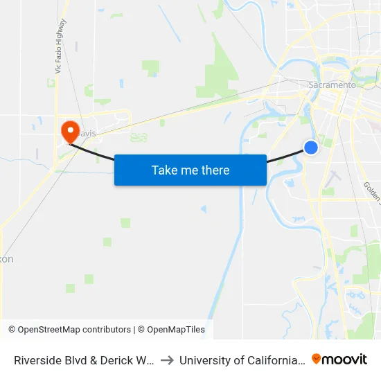 Riverside Blvd & Derick Way (SB) to University of California, Davis map