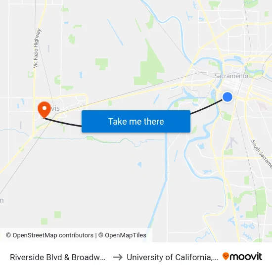 Riverside Blvd & Broadway (NB) to University of California, Davis map