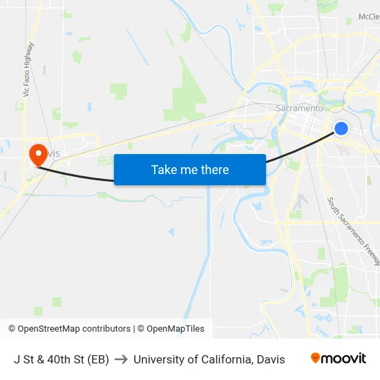 J St & 40th St (EB) to University of California, Davis map