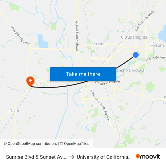 Sunrise Blvd & Sunset Ave (SB) to University of California, Davis map