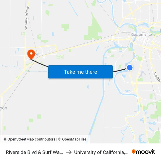 Riverside Blvd & Surf Way (NB) to University of California, Davis map
