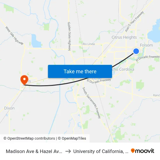 Madison Ave & Hazel Ave (EB) to University of California, Davis map