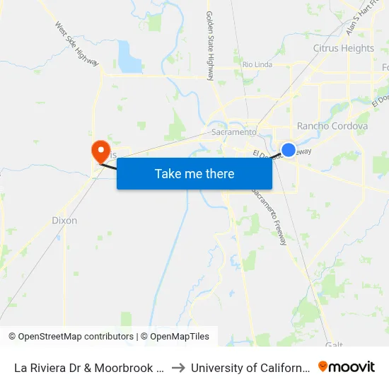 La Riviera Dr & Moorbrook Way (WB) to University of California, Davis map