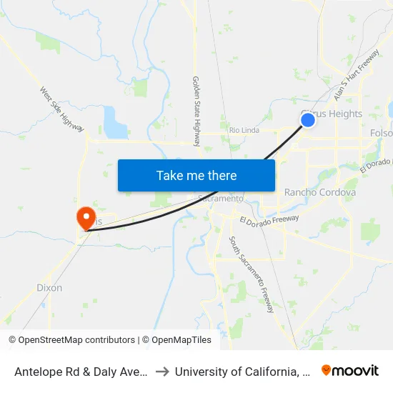 Antelope Rd & Daly Ave (EB) to University of California, Davis map
