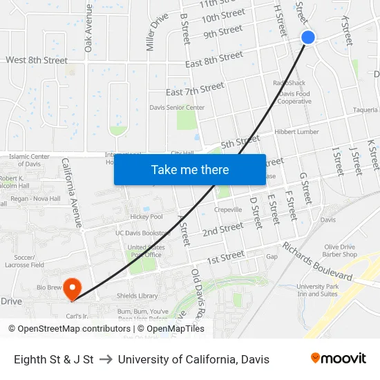 Eighth St & J St to University of California, Davis map