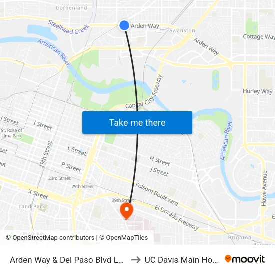 Arden Way & Del Paso Blvd LRT (EB) to UC Davis Main Hospital map