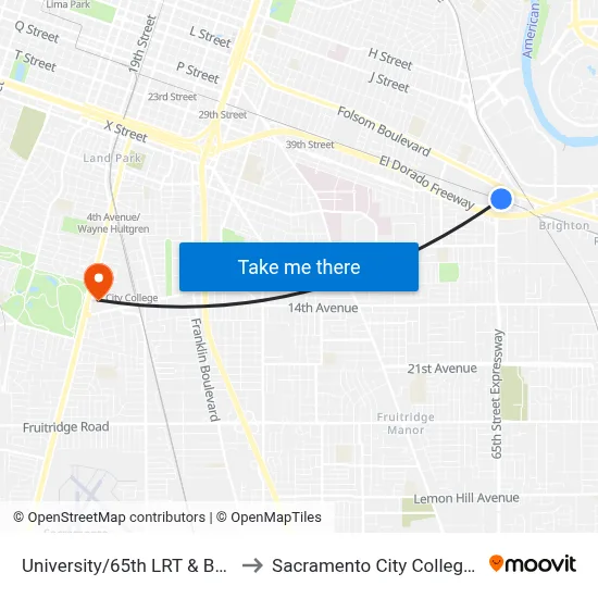 University/65th LRT & Bay 3 (EB) to Sacramento City College Library map