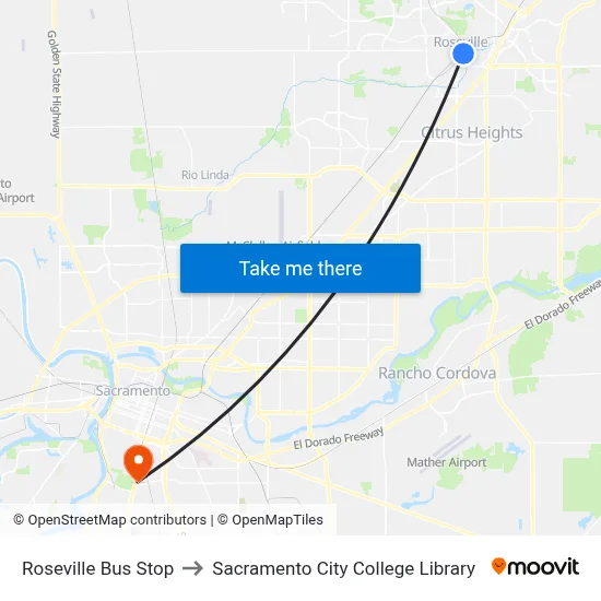 Roseville Bus Stop to Sacramento City College Library map