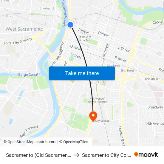 Sacramento (Old Sacramento 2nd St/J St) to Sacramento City College Library map