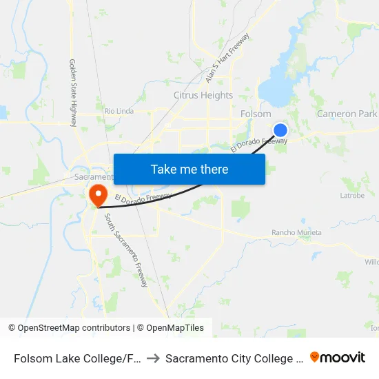 Folsom Lake College/Folsom to Sacramento City College Library map