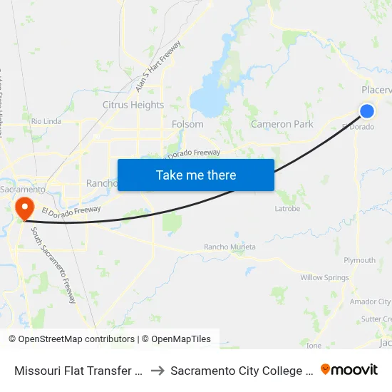 Missouri Flat Transfer Center to Sacramento City College Library map