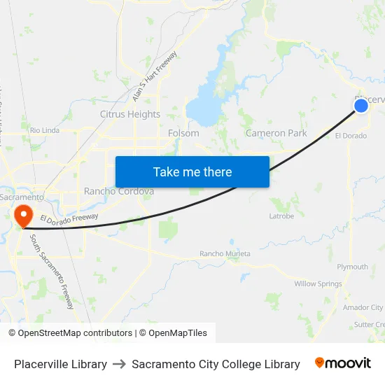 Placerville Library to Sacramento City College Library map