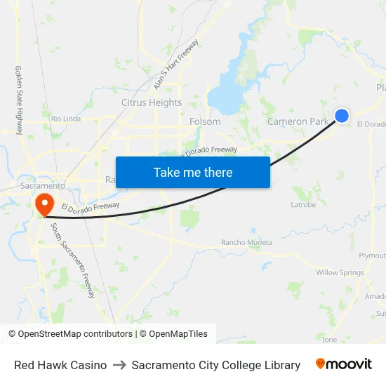 Red Hawk Casino to Sacramento City College Library map