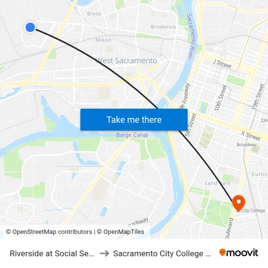Riverside at Social Security to Sacramento City College Library map