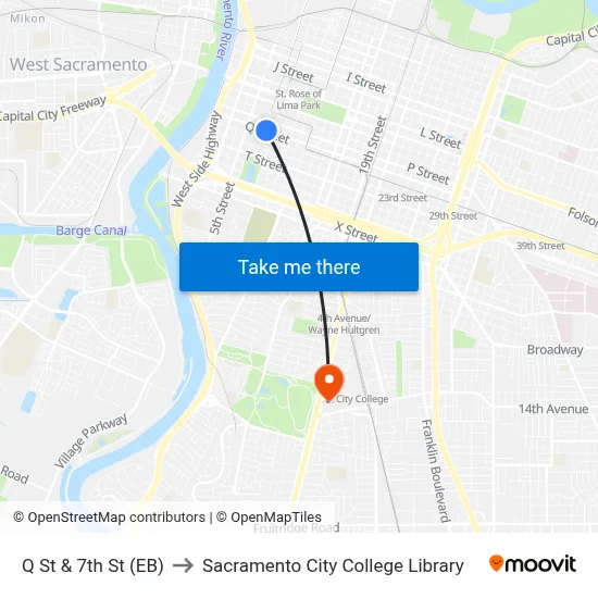 Q St & 7th St (EB) to Sacramento City College Library map