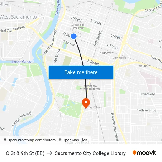 Q St & 9th St (EB) to Sacramento City College Library map