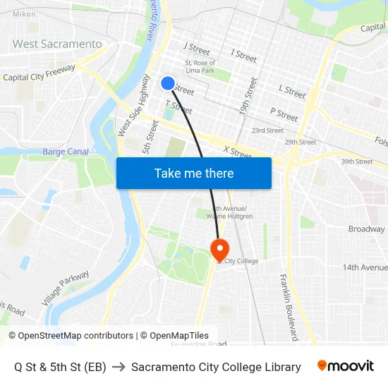 Q St & 5th St (EB) to Sacramento City College Library map