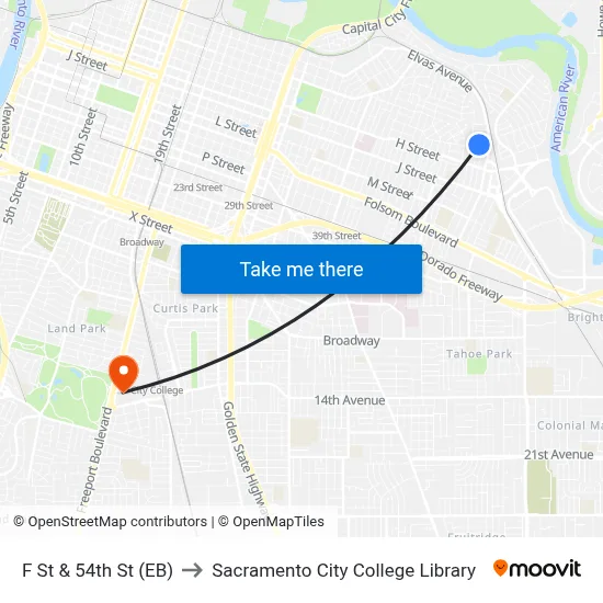 F St & 54th St (EB) to Sacramento City College Library map