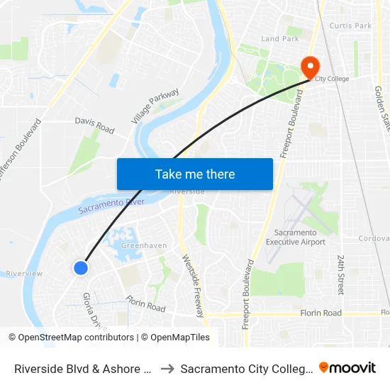 Riverside Blvd & Ashore Way (WB) to Sacramento City College Library map